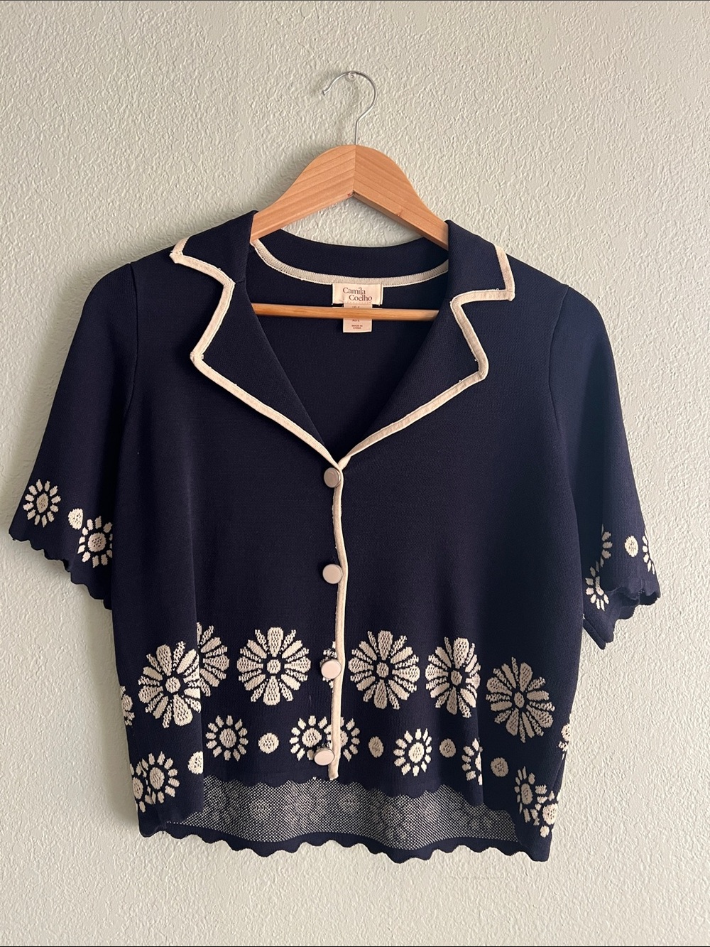 Camila Coelho Navy Top with Cream Floral Trim